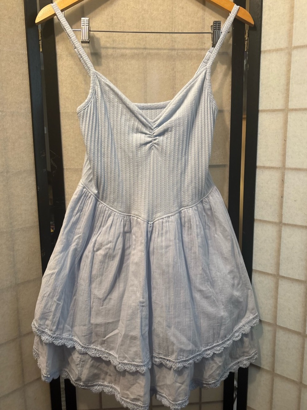 AERIE At The Barre Mini Dress Baby Blue Tiered Lace-Trim Sundress